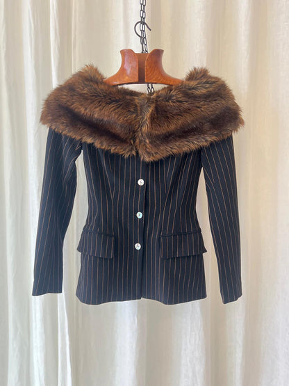 Plein Sud Paris – Black Pinstripe Blazer with Luxe Fur Collar