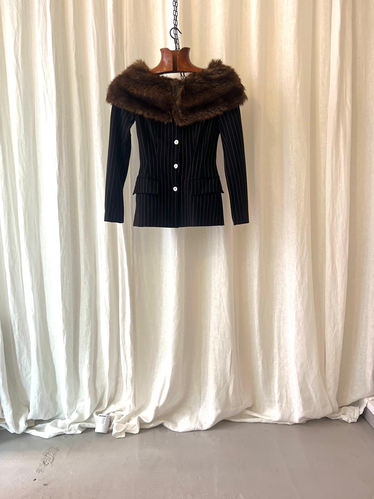 Plein Sud Paris – Black Pinstripe Blazer with Luxe Fur Collar