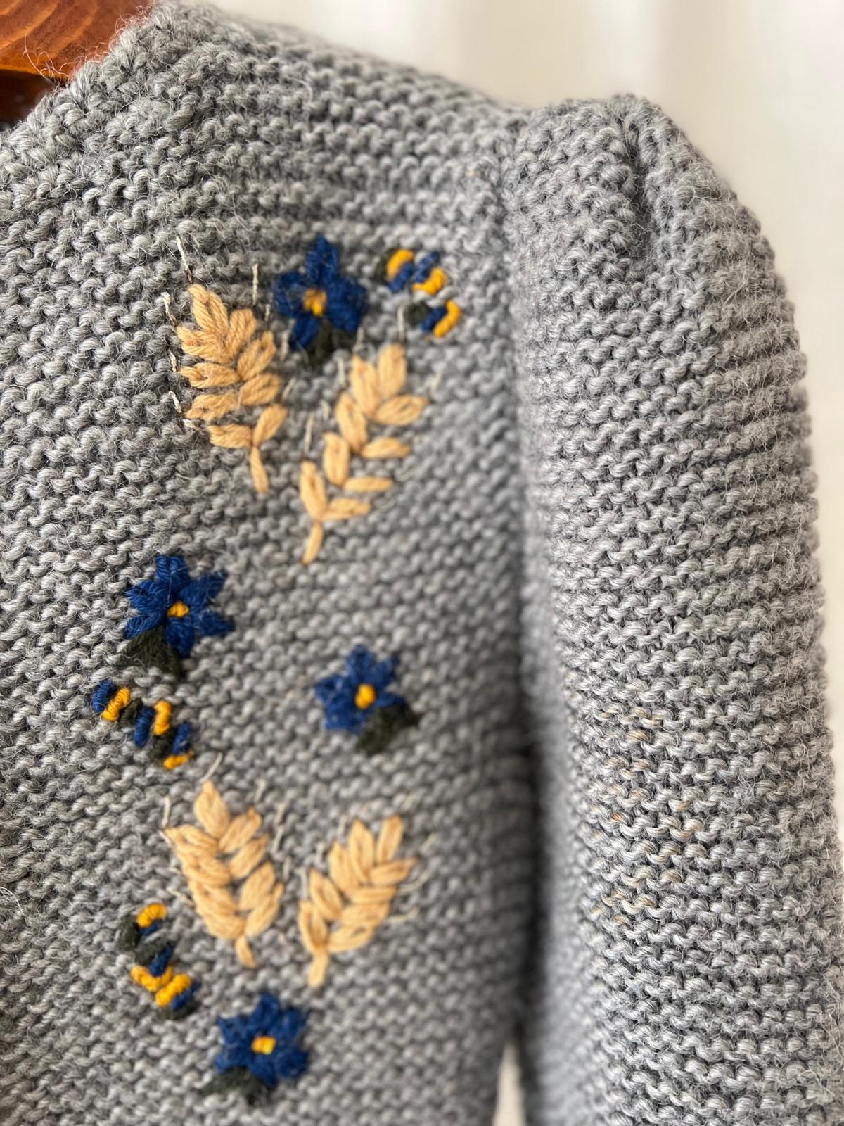Embroidered Knit Cardigan – Grey Wool Blend – Preloved