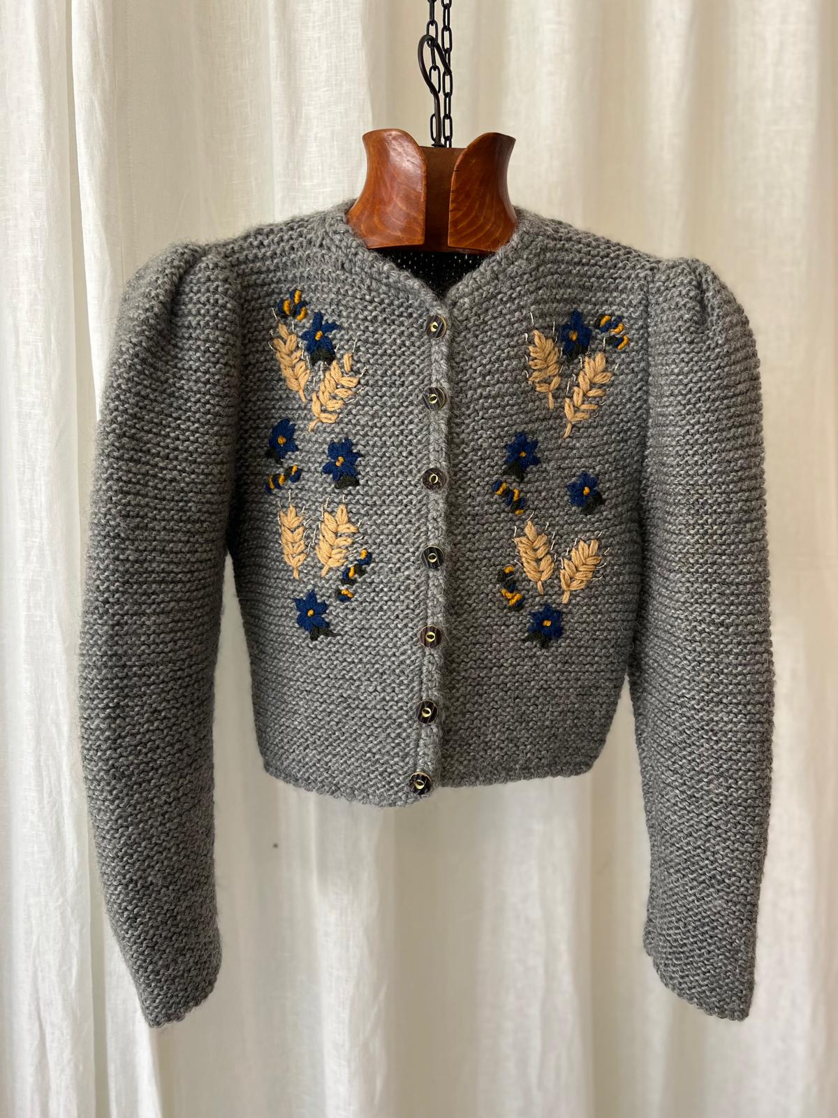 Embroidered Knit Cardigan – Grey Wool Blend – Preloved