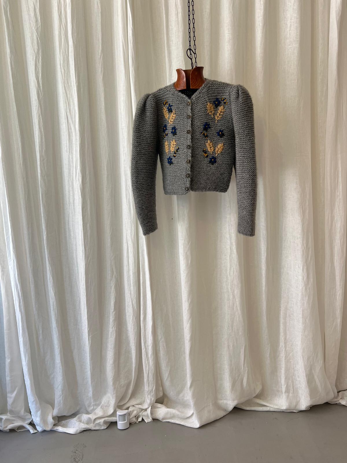 Embroidered Knit Cardigan – Grey Wool Blend – Preloved