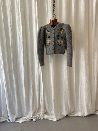 Embroidered Knit Cardigan – Grey Wool Blend – Preloved