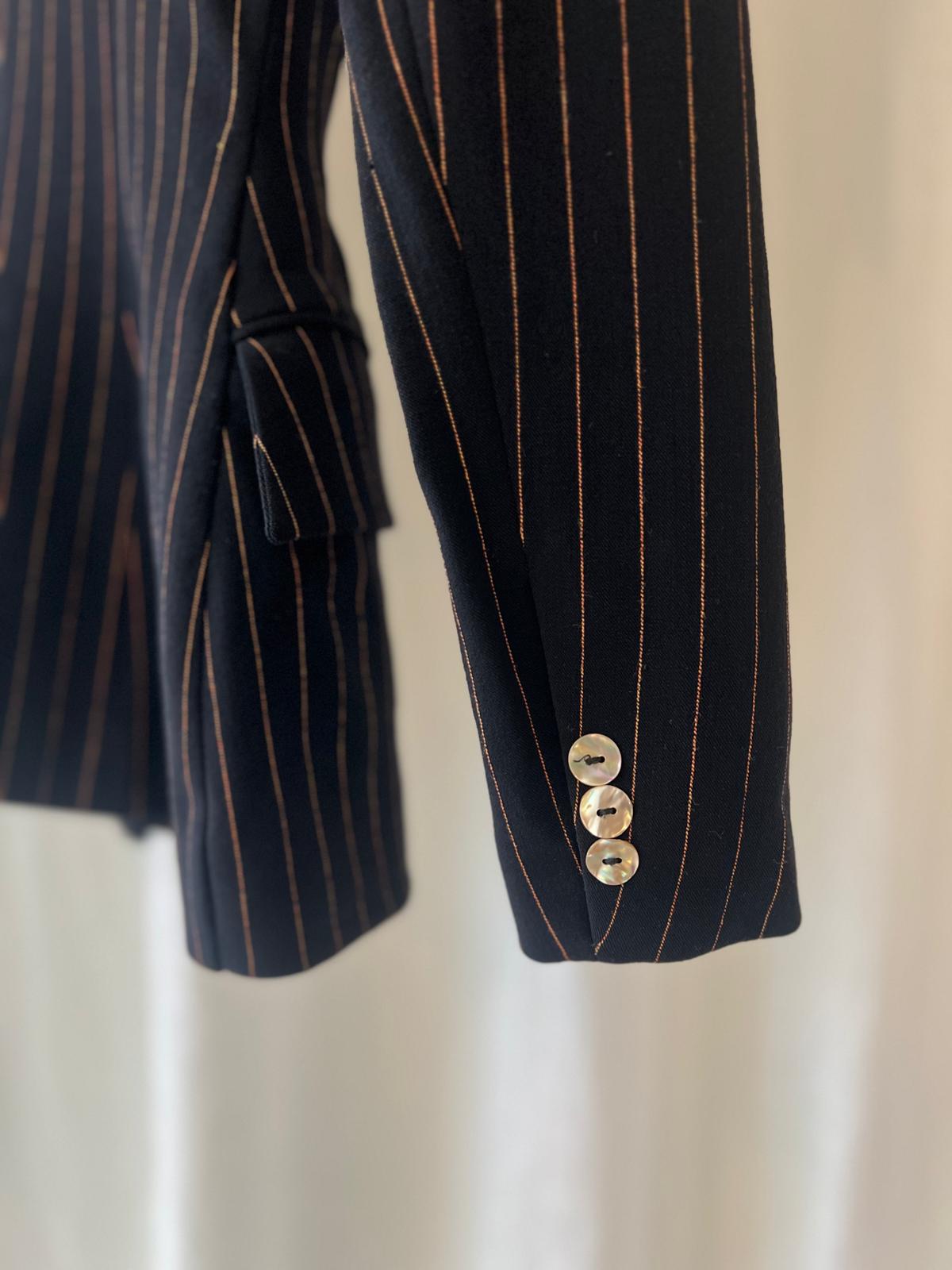 Plein Sud Paris – Black Pinstripe Blazer with Luxe Fur Collar